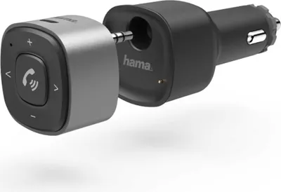 A close-up studio shot of a Hama Bluetooth receiver and USB car charger.