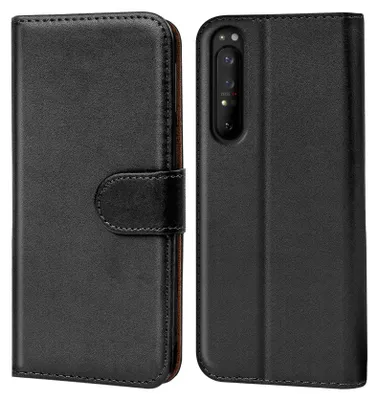 A black flip case for a smartphone is shown from the front and back.