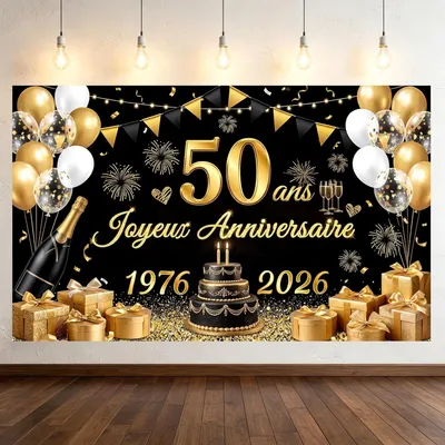 Produktbild von Geburtstagsbanner 50. Geburtstag, 180 x 110 cm, schwarz-gold, mit 10 m Aufhängeband, für Feierdeko