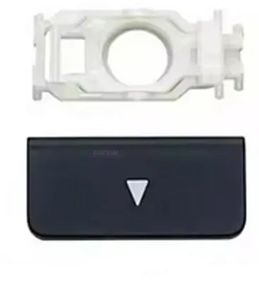 A white plastic bracket is shown above a black rectangular button with a white triangle pointing down.