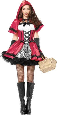 A woman in a Little Red Riding Hood costume holding a basket.