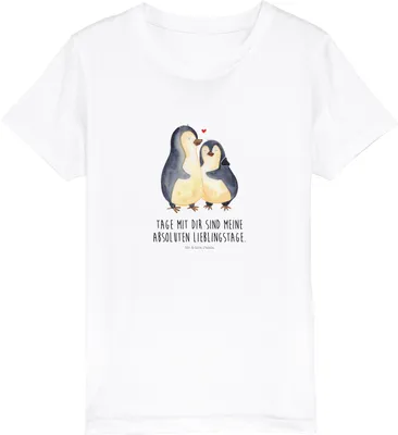 Produktbild von Mr. & Mrs. Panda Kleinkinder T-Shirt Pinguin umarmen 12-14 Jahre (152/164) - Weiß - Geschenk, Mädchen, Kindershirt, Liebe, Hochzeitstag, Teenager, Verlobung, Öko Kinder