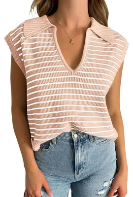 Produktbild von Ärmelloses, gestricktes Sommer-T-Shirt für Damen mit kurzen Ärmeln und V-Ausschnitt,Größe:M