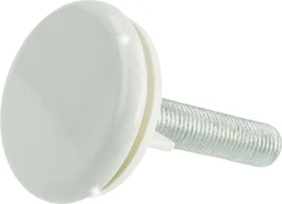 A close-up studio shot of a white faucet hole cover with a threaded metal post.