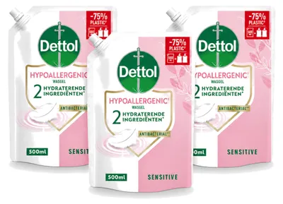 Image de 3 flacons recharge de savon pour les mains Dettol, hypoallergénique, pour peaux sensibles - 500 ml - Pack économique - 3 pièces