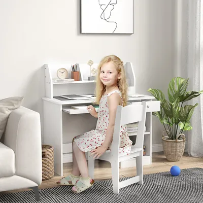 Produktbild von Schreibtisch für Kinder mit Stuhl, Stauraum, Klappplatte und Schublade, weiß