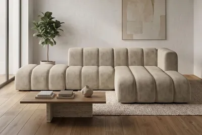 Produktbild von Kaiser Möbel Modulares Ecksofa in L-Form mit Hocker, Velvet-Stoff Riviera, Beige, Rechts, GRAND Mini, KI-generiertes Bild