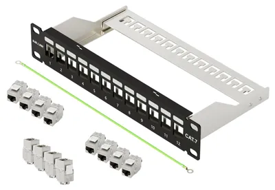 Zdjęcie produktu dla Panel krosowy 12-portowy Cat7 - 10 cali - Moduł keystone RJ45 - Czarny - Montaż w szafie rackowej