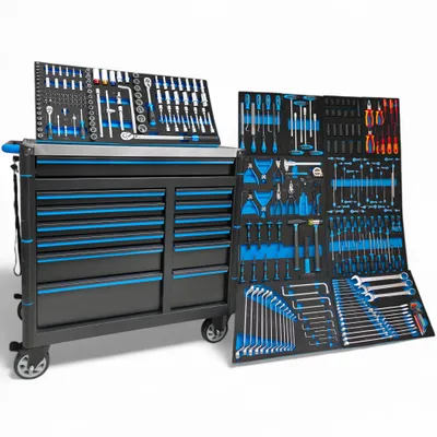 Produktbild von Werkstattwagen bestückt | Blue-Line Werkzeugwagen XXL 13 Schubladen 11 gefüllt | KFZ Werkzeugkasten gefüllt mit Werkzeug Profi | abschließbar mit Roll