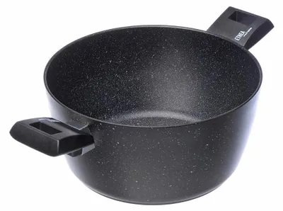 A black cooking pot with speckled texture and two black handles, shown from a slightly elevated side angle against a white background.