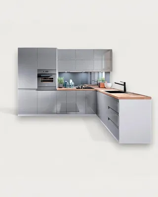 Produktbild von Winkelküche – Eckküche – Küchenzeile L-Form – Komplettküche – Küchenzeile – Velmora – K31-G300 L – 300 x 240 cm – Grau Hochglanz Ohne Arbeitsplatte
