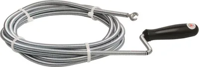 A coiled drain cleaning snake with a black handle.