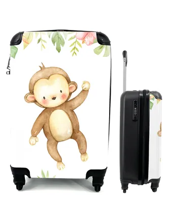 Produktbild von MuchoWow® Koffer Handgepäck Trolley Rollkoffer Kleine Reisekoffer mit 4 Rollen - Affe - Blumen - Dschungel - Cabin Size < 55x40x23 cm & 55x40x20 cm - Fotokoffer - Kabinenkoffer - Boardgepäck - Reise-Box - Reisekoffer - Reisegepäck - Koffer mit Bild - Trolley für Kinder