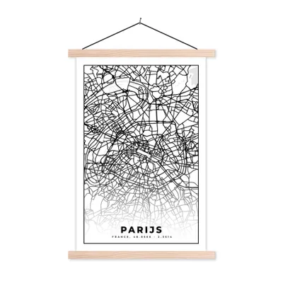 Produktbild von MuchoWow® Textilposter Paris - Stadtplan - Schwarz und weiß - Karte 60x90 cm mit holzfarbenen Rahmen - Textil