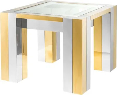 Produktbild von Casa Padrino Luxus Edelstahl Beistelltisch Silber / Gold 65 x 65 x H. 50 cm - Designer Beistelltisch mit Glasplatte