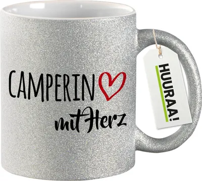 Produktbild von Huuraa Glitzertasse Camperin mit Herz 330ml Silber Keramik Kaffeebecher Geschenkidee