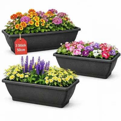 Produktbild von BigDean 3x Blumenkasten mit abnehmbarem Untersetzer - Anthrazit 50 cm lang aus bruchsicherem Kunststoff - Pflanzkasten mit Wasserspeicher