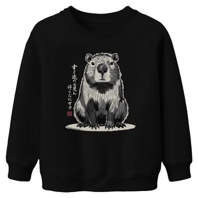 Obrázek produktu pro Mikina s kapucí, styl Japonska, sumi-e, obrázek kapybary, dětská, černá, velikost 116