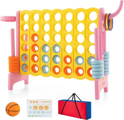 Produktbild von DREAMADE Riesiges 4 Gewinnt Spiel mit Basketballkorb und Wurfspiel, Strategiespiel, 4 in Einer Reihe, Brettspiel Spielzeug (Gelb+Rosa-Rahmen)