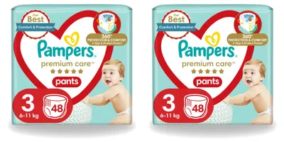 Zdjęcie produktu dla 2 opakowania pieluszek Pampers Premium Care Pants, rozmiar 3 (6–11 kg) – opakowanie ekonomiczne, 2 sztuki
