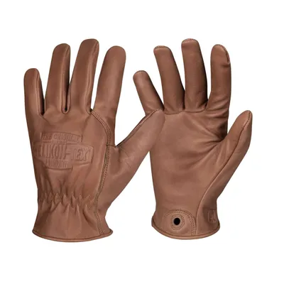 A pair of brown leather gloves are shown against a white background.