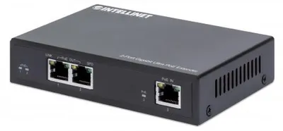 Produktbild von Intellinet 2-Port Gigabit Ultra PoE-Extender, Verlängert PoE-Reichweite um 100 m, PoE-Strombudget 60 W, zwei PSE-Ports mit jeweils 30 W Ausgangsleistung, IEEE 802.3bt/at/af-konform, Metallgehäuse, Netzwerksender, 100 m, 6000 Mbit/s, Cat5e, 10,100,1000 Mbit/s, Voll