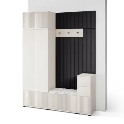 Produktbild von Garderoben-Set Ritmo version 8 – gefräste Kleiderschrank mit Polsterplatten, Schuhschrank, für Flur und Eingangsbereich (Cashmere, Trinity 16)