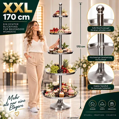 Produktbild von XXL Etagere - Höhe 170cm - 5-stöckig - Obstschale Obstkorb Gebäckschale Servier Ständer Obst Teller Deko Aluguss Silber Edel