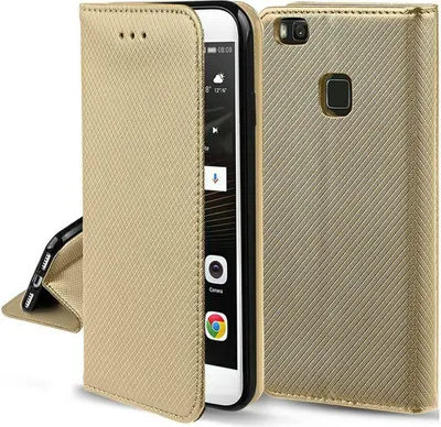 A gold flip case for a smartphone is shown, with the phone inside and the case open.