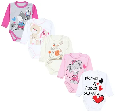 Produktbild von TupTam Unisex Baby Langarm-Body mit Aufdruck 5er Set, Farbe: Mamas Papas Schatz Weiß Elefant Ecru Teddy Maus Rosa, Größe: 62