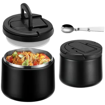 Produktbild von Thermobehälter für Essen 420ml Edelstahl Schwarz mit Schnallendeckel und Löffel, Auslaufsicher