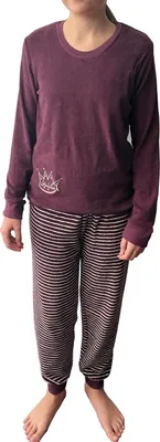 Produktbild von Mädchen langarm Frottee Schlafanzug Pyjama mit Bündchen und Pyjamahose in Streifenoptik ; beere , 128