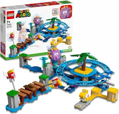 The image shows the box of a LEGO Super Mario expansion set, with the assembled toy set displayed in front of it.