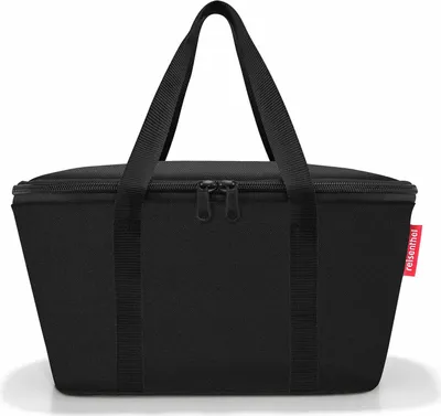 A black cooler bag with handles and a zipper is shown against a white background.