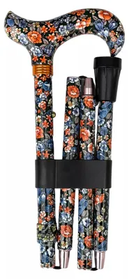 Produktbild von Garcia 1880 Klappbarer Gehstock – Schwarz mit Blumenmuster – Länge von 84 bis 94 cm – Durchmesser der Kappe 16 mm – Gewicht 320 Gramm