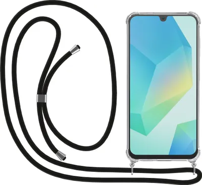 A transparent phone case with a black lanyard attached to the bottom of the case, shown on a white background.