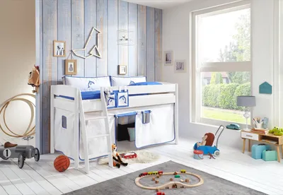 Produktbild von Halbhohes Einzelbett Mischelle Buche massiv Weiß lackiert 90x200 mit Textilset