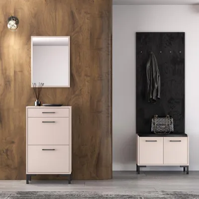 Produktbild von Garderoben Set in Beige, 4-teilig mit Schuhschrank, Spiegel, Sitzbank & Paneel - OLHAO-131