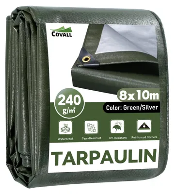 Obrázok produktu pre Silná plachta, vodeodolná, s okami, 240 g/m², zelená/strieborná, 8 x 10 metrov