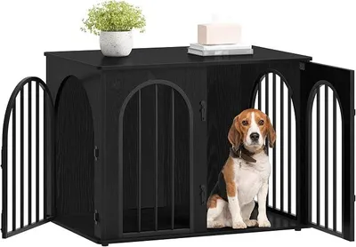 Produktbild von Hundekäfig Möbel, 80 cm Hundebox für Zuhause, 3 Türen, Bogentür, Moderne Hundebox Indoor für Hunde, Beistelltisch, Hundekäfig Hochbelastbar, Schwarz DFC85104B