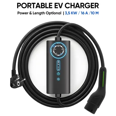 Obrázok produktu pre Prenosná nabíjačka pre elektromobily typu 2, 3,5 kW, prenosná nabíjacie stanica so zástrčkou Schuko, nastaviteľný nabíjací prúd 6–16 A s funkciou časovača, 10 m, pre elektromobily a plug-in hybridy