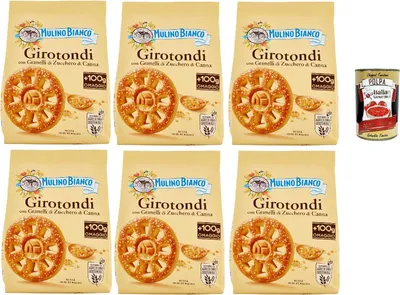 Produktbild von Mulino Bianco Girotondi Biscotti con Granelli di Zucchero di Canna, Kekse mit Zuckerzuckerkörnern, Ohne Palmöl, Frühstück voller Geschmack, buscits cookies 6x 800 g + Italian Gourmet polpa 400 g