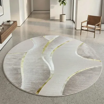 Produktbild von Kurzflorteppich Creme geschwungene Linien Glanzoptik weich pflegeleicht für Wohnzimmer Schlafzimmer Größe - 160 cm Rund