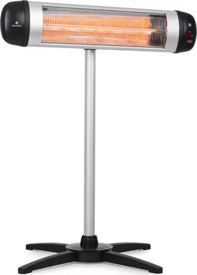 A silver and black infrared heater on a stand, with orange heating elements visible.