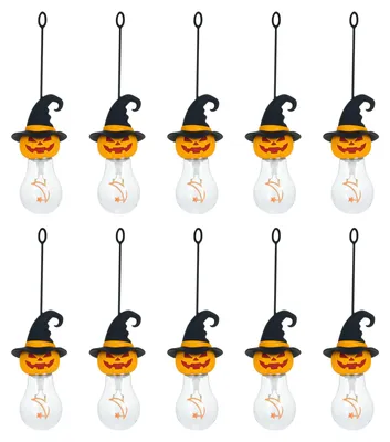 Produktbild von Halloween-Deko-Gluehbirne, wiederaufladbare Gluehbirne mit Silikon-Haengeseil, Kuerbiskopf, Hexenhut, Mond, Stern, Gluehfaden, warmweisses Licht, 3 Helligkeitsstufen einstellbar, 10 Packungen