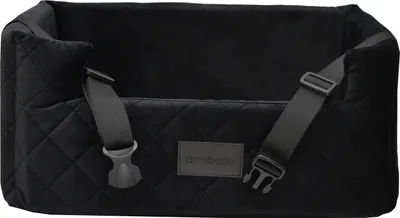A black quilted dog car seat with straps and a brand logo.