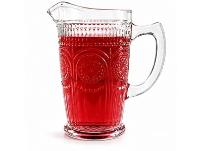 Produktbild von Glaskaraffe 1,2L mit Henkel elegante Wasserkaraffe aus Glas mit Sonnen Relief
