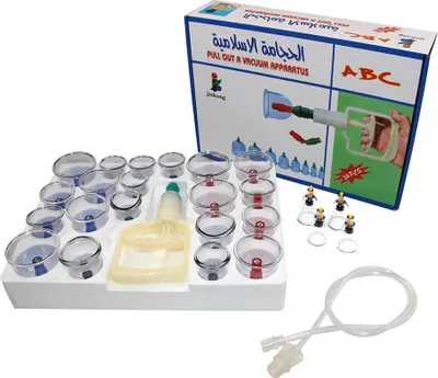 Produktbild von ABC24 Schröpfen Set mit 24 Schröpfgläser aus Kunststoff mit Vakuumpumpe