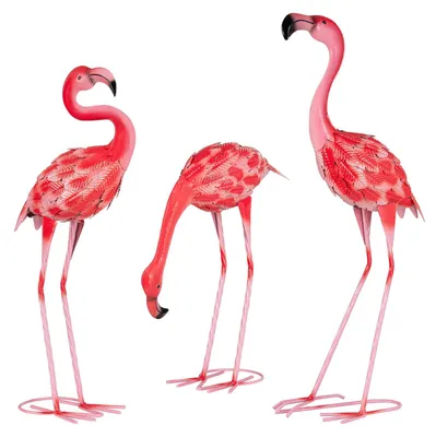 Zdjęcie produktu dla Zestaw 3 metalowych figur flamingów do dekoracji ogrodu