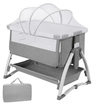 Obrázok produktu pre Detská postieľka – detská postieľka 4 v 1 – 7-stupňové nastavenie výšky – funkcia hojdania/naklápania – vrátane matraca – priedušná sieťovina – pre deti vo veku 1–2 roky – sivá